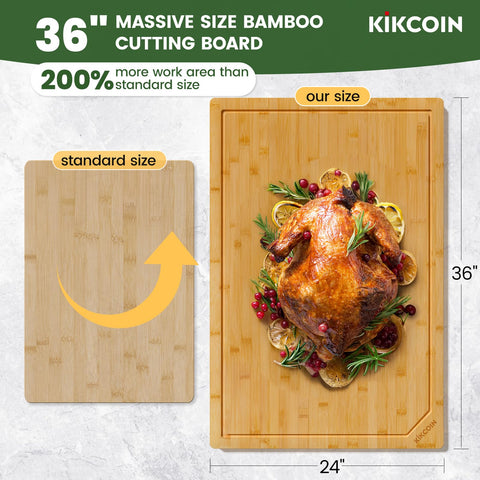 Kikcoin bamboo cutting board with juice groove close-up showing juice containment