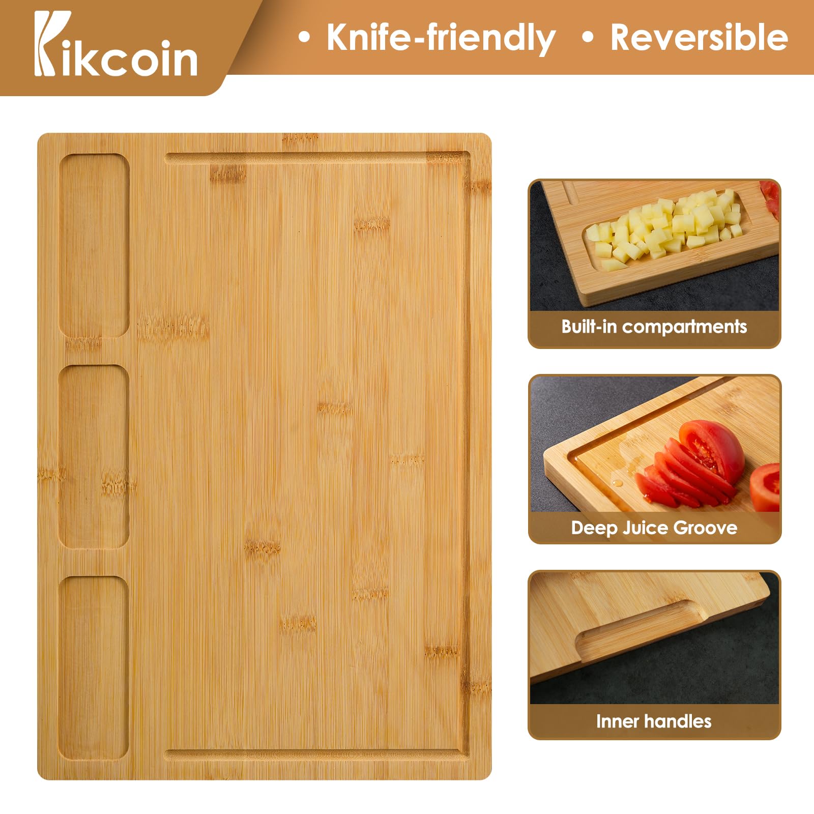 Kikcoin bamboo board showing deep juice grooves for liquid control.