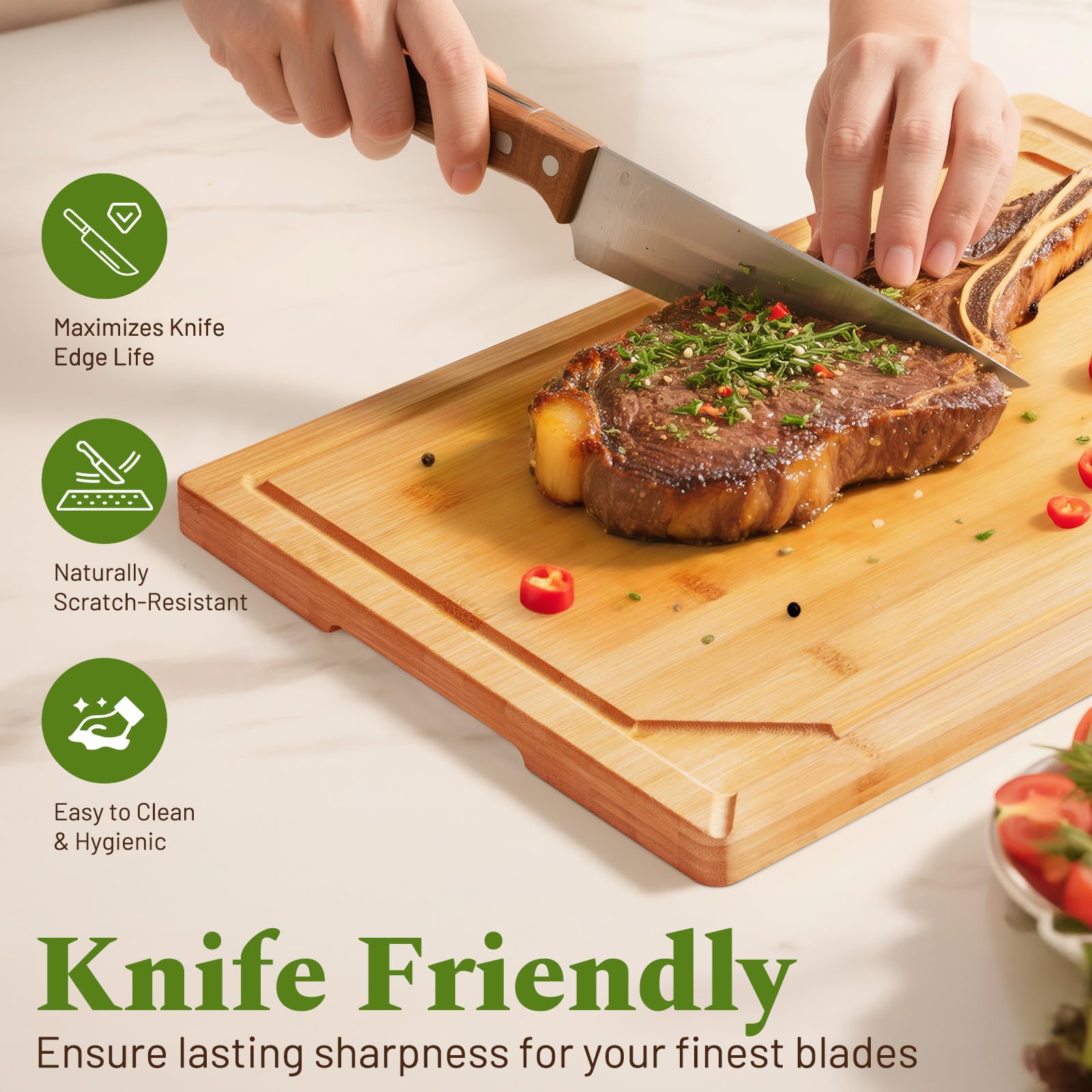 Kikcoin bamboo cutting board large with built-in handle for easy transport.