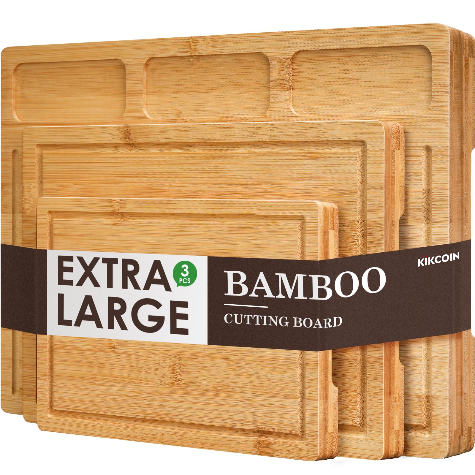 Kikcoin bamboo cutting board set with large compartments for organized prep.