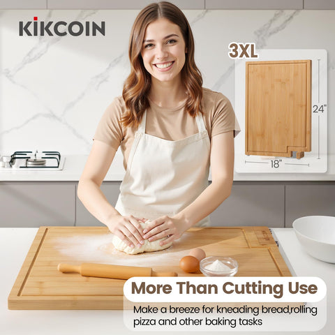 Kikcoin bamboo cutting board ready for meat and vegetables prep on a sturdy surface
