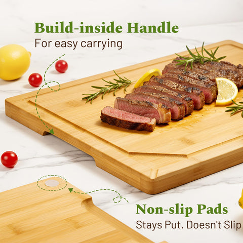 Kikcoin bamboo cutting board medium with non-slip pads for stable chopping.
