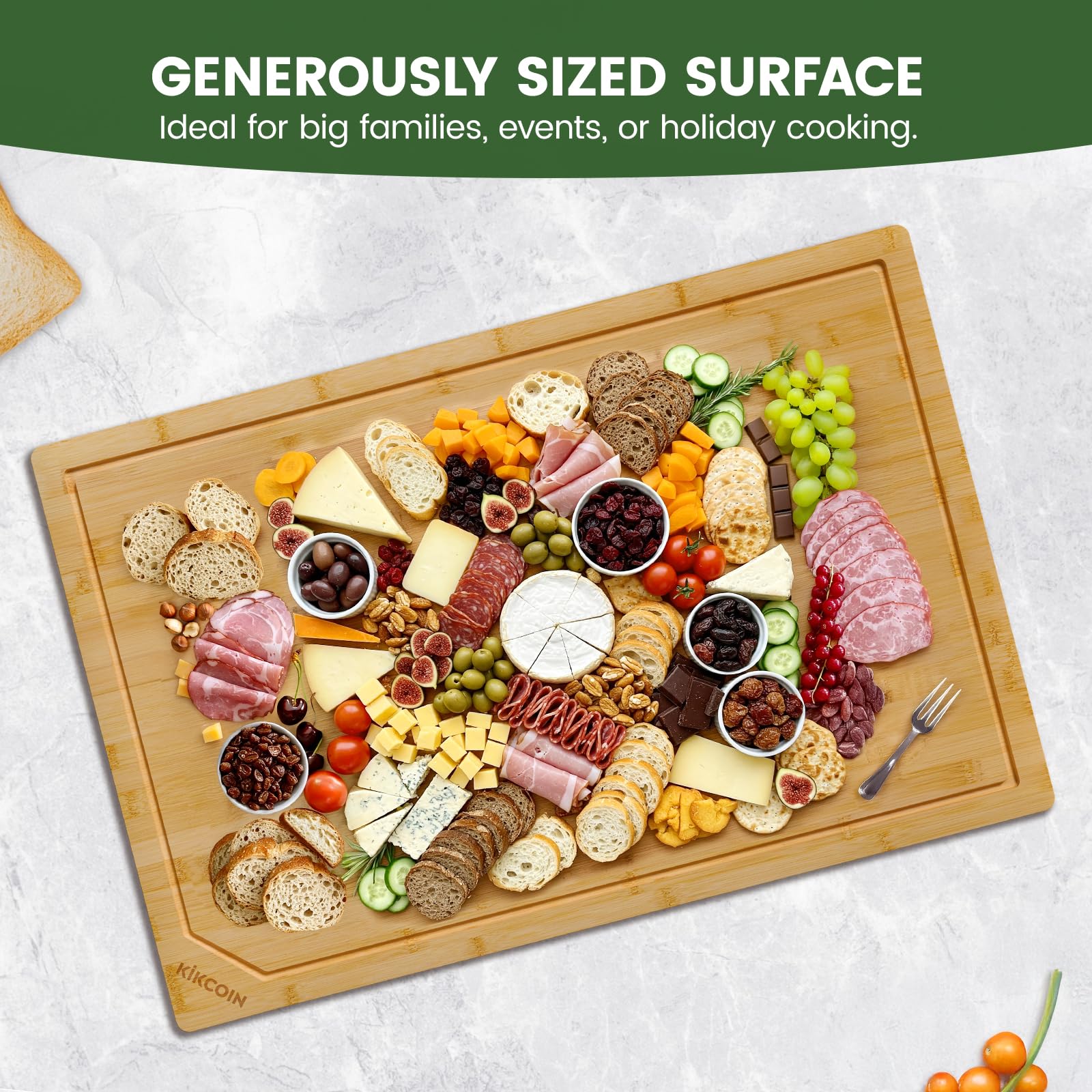 Kikcoin cutting board highlights natural bamboo grain and texture