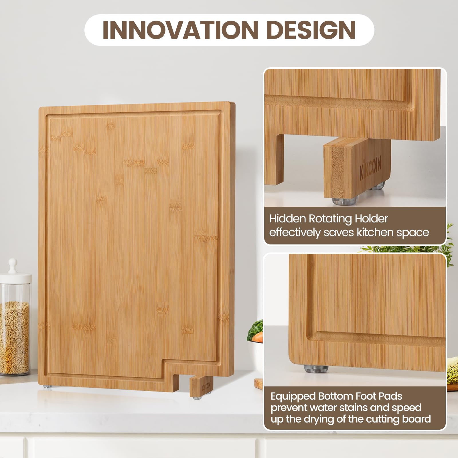 Kikcoin bamboo cutting board with rotating stand for stable, hands-free prep