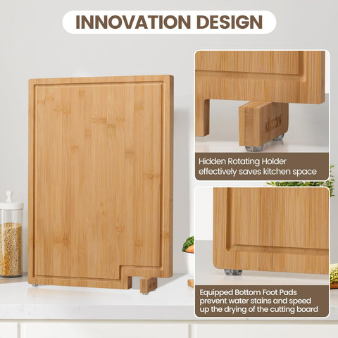 Kikcoin bamboo cutting board with rotating stand for stable, hands-free prep