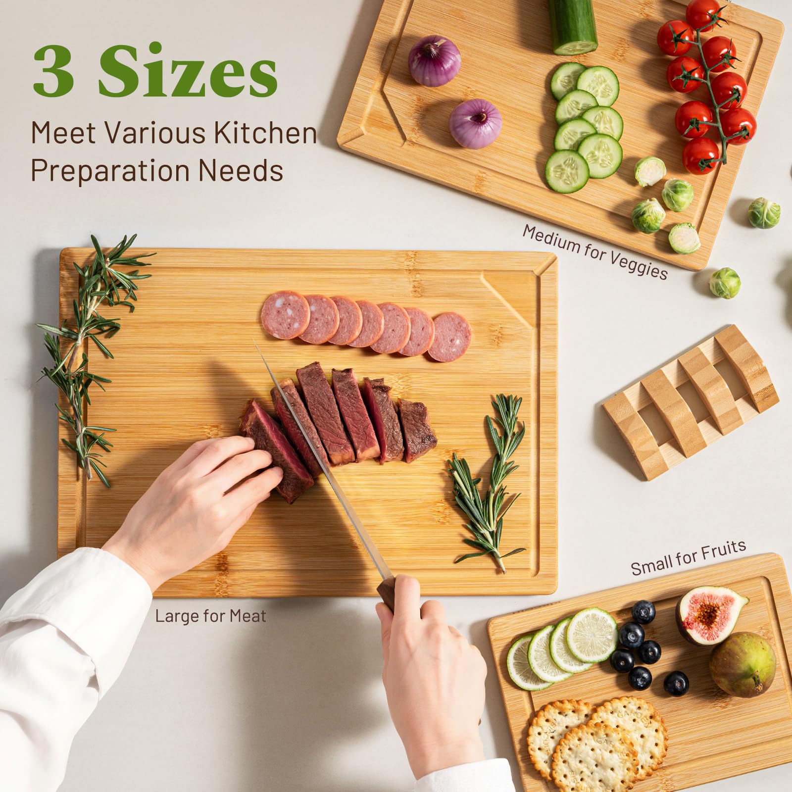 Kikcoin bamboo cutting board set of three in small, medium, and large sizes.