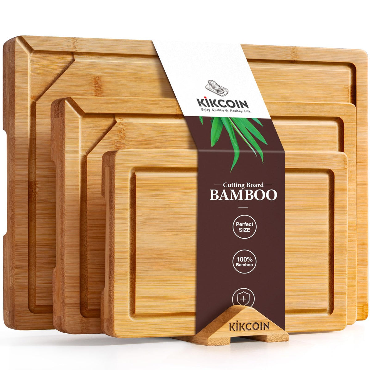 Kikcoin bamboo cutting board small with juice groove channels juices away for clean prep.
