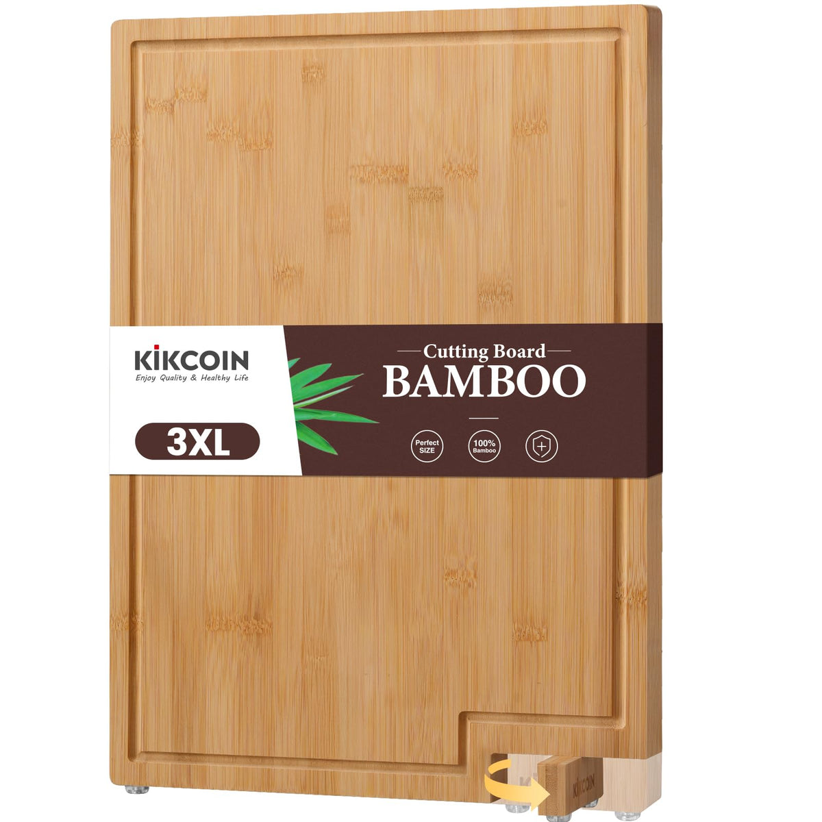 Kikcoin bamboo cutting board top view with ample prep space for fruits, veg, and meats