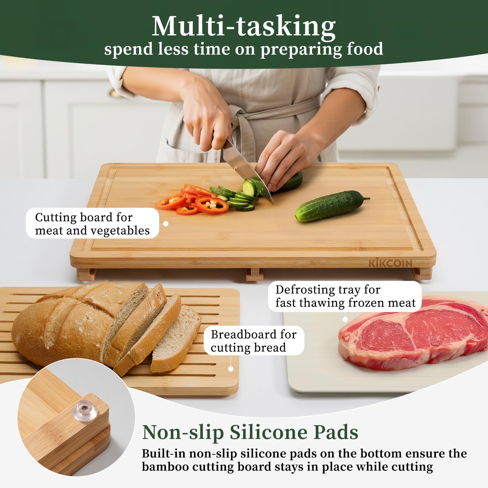 Kikcoin Bread Cutting Board with deep grooves catches crumbs for clean bread slicing.