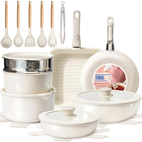 Kikcoin ceramic nonstick pots with detachable handle for compact RV storage.