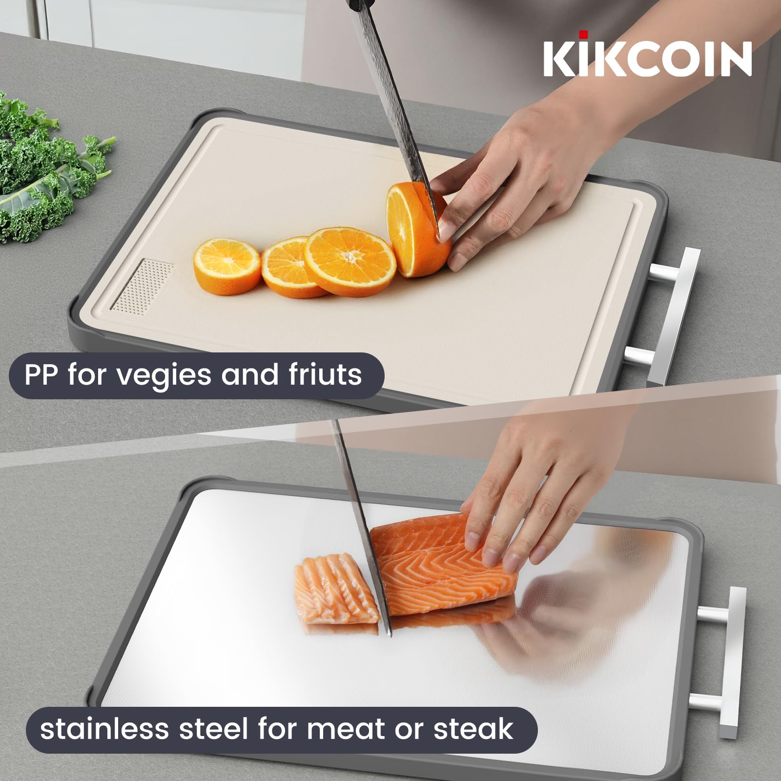 Kikcoin beige cutting board in a modern kitchen setup
