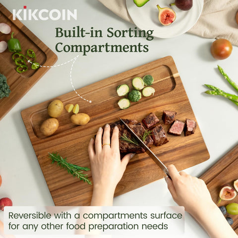 Kikcoin cutting board with side compartments for ingredient separation