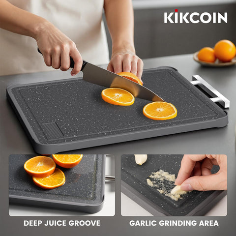 Kikcoin board includes a built-in garlic area to speed flavor prep.