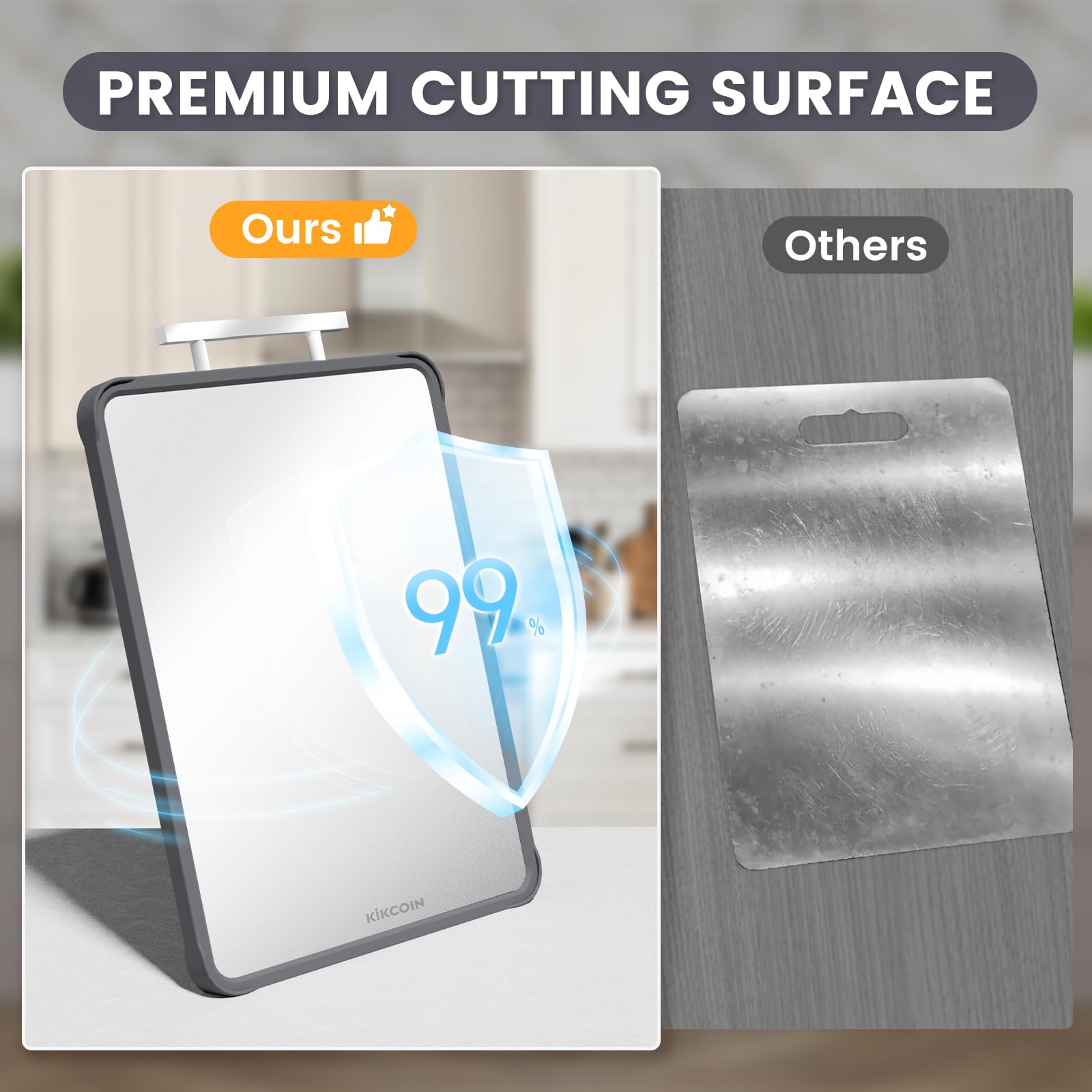 Kikcoin cutting board garlic area adds prep convenience during cooking