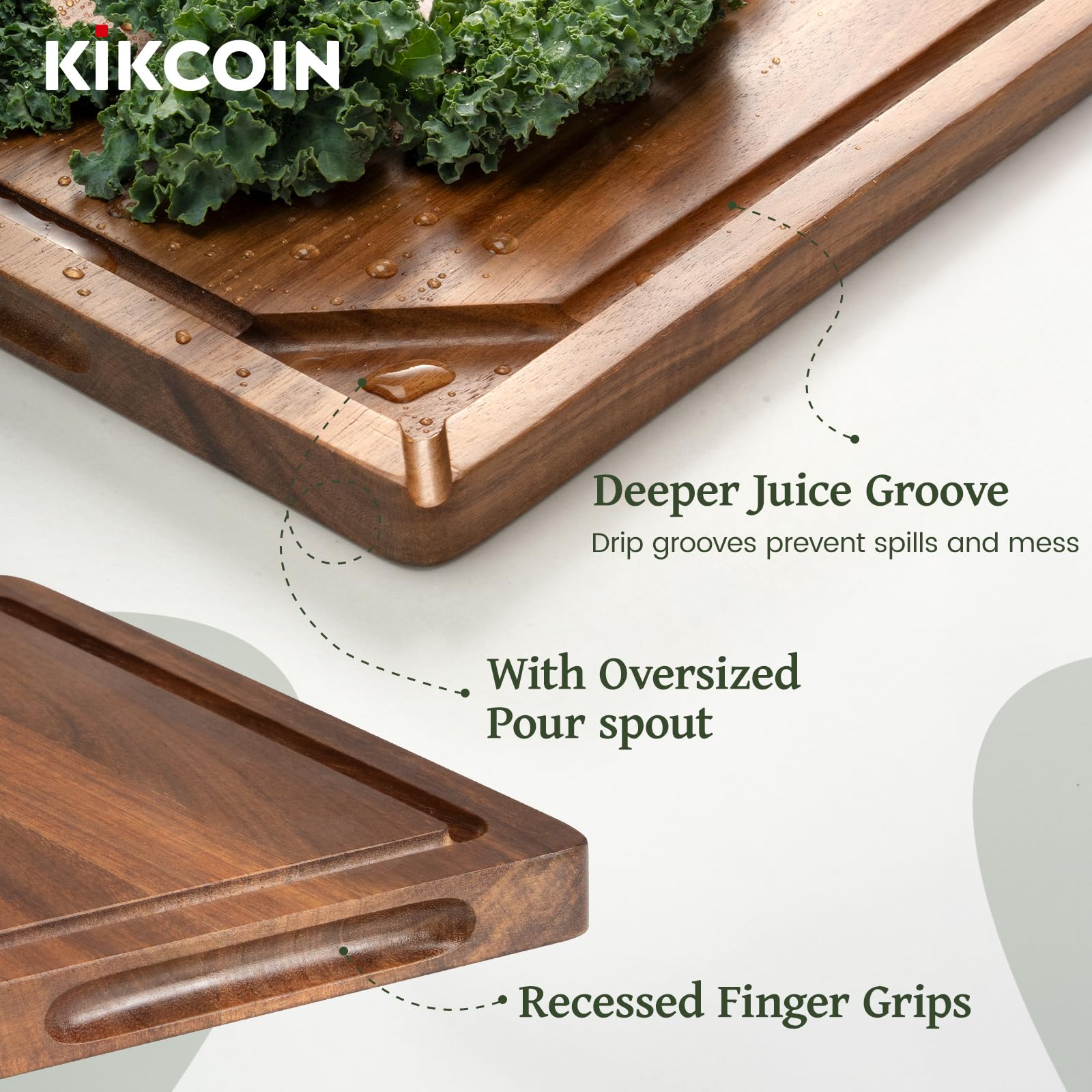 Kikcoin cutting board juice groove detail keeps prep surfaces tidy