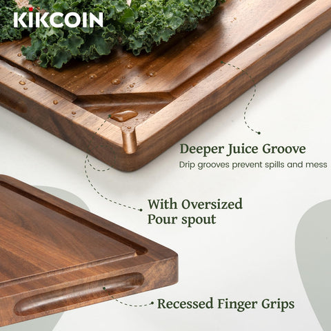 Kikcoin cutting board juice groove detail keeps prep surfaces tidy