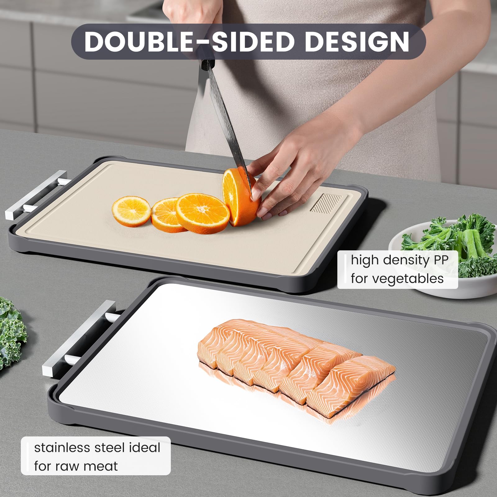 Kikcoin stainless steel cutting board with juice groove to keep counters clean