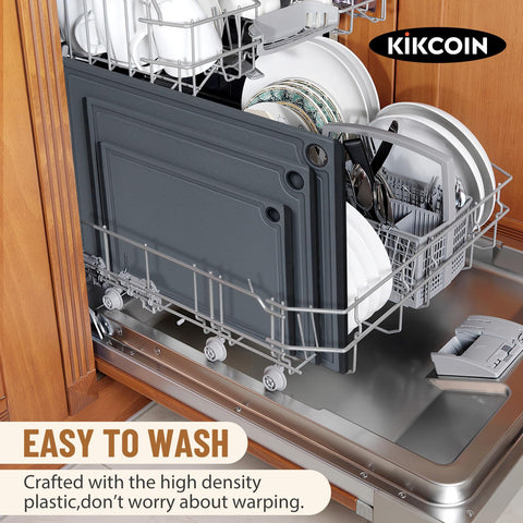 Kikcoin cutting board with deep juice groove on one side.