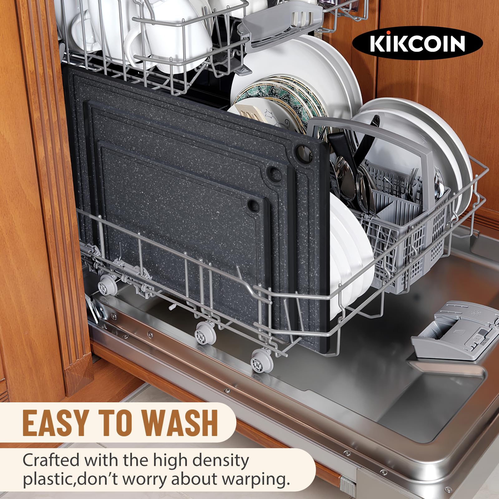 Kikcoin board with juice groove catches liquids for cleaner prep.