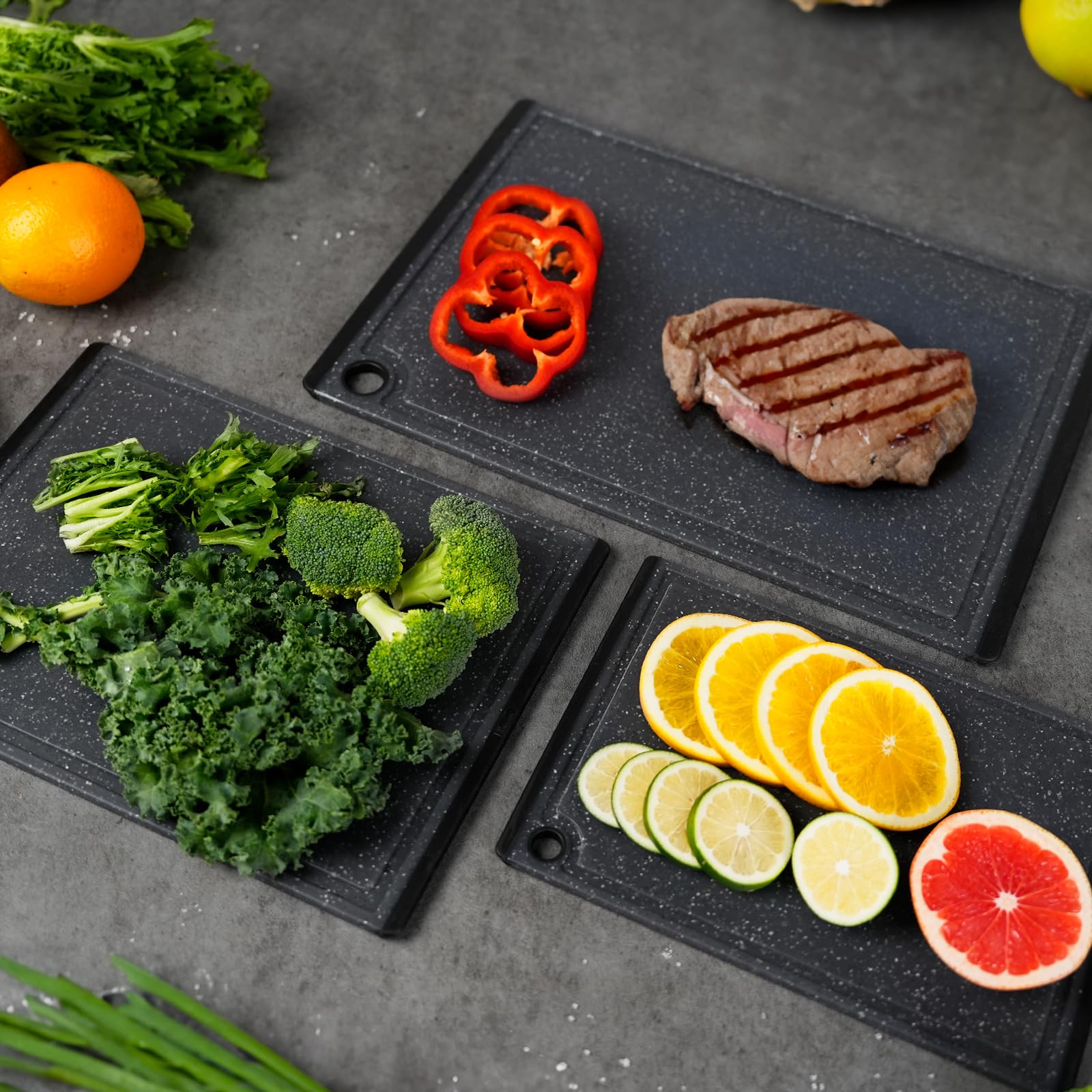 Kikcoin cutting board with non-slip texture keeps ingredients steady.
