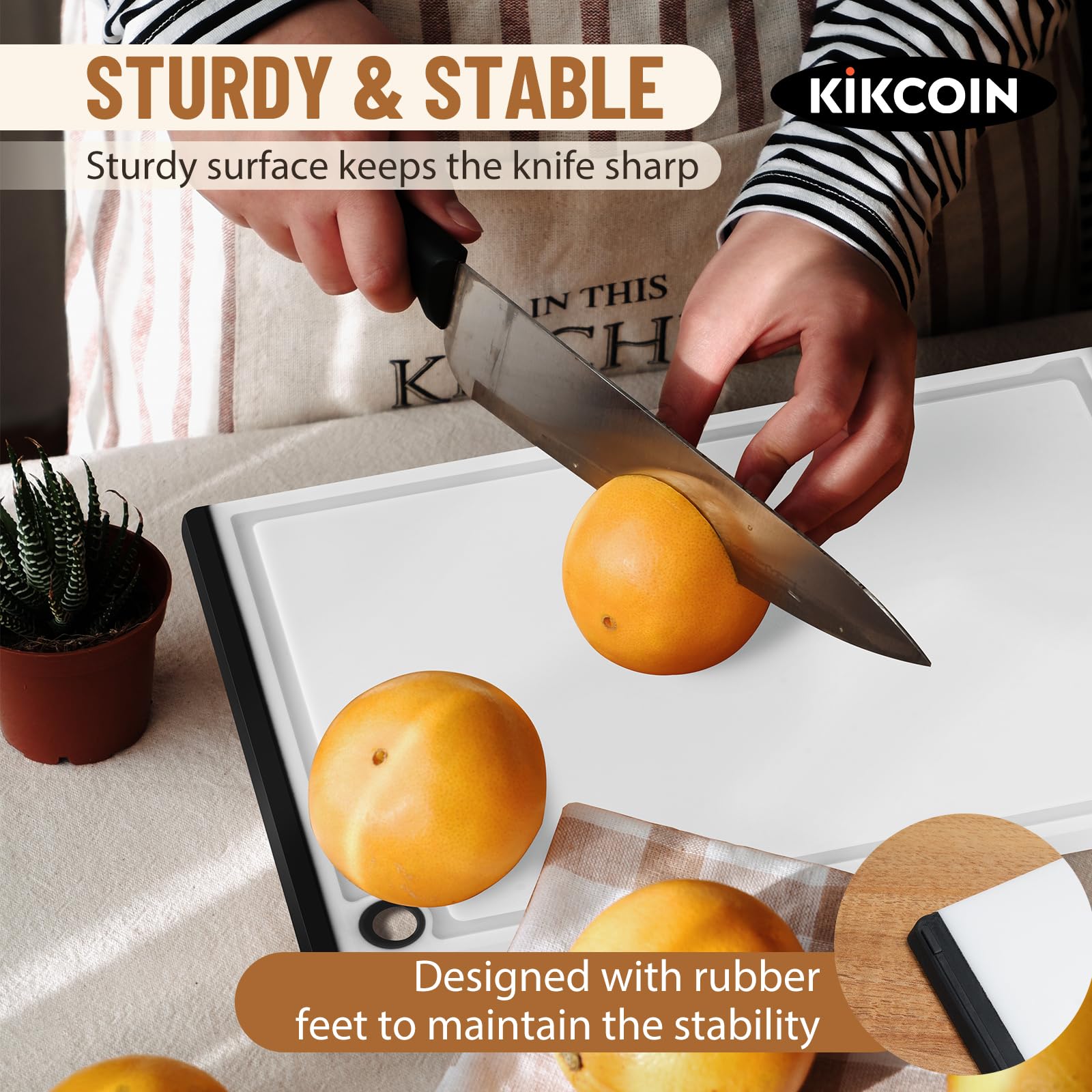 Kikcoin cutting board with rubber feet stays firmly in place on countertops.