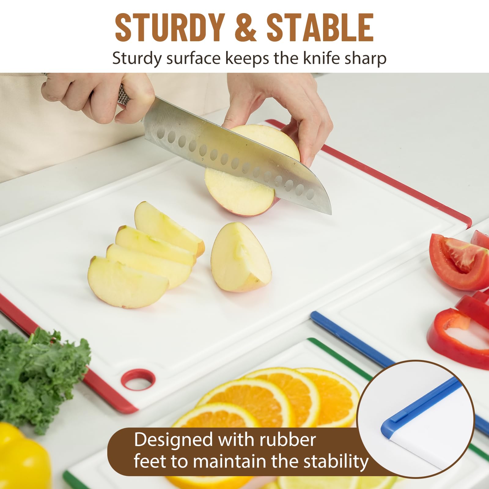 Kikcoin cutting board with rubber feet stabilizes on countertops