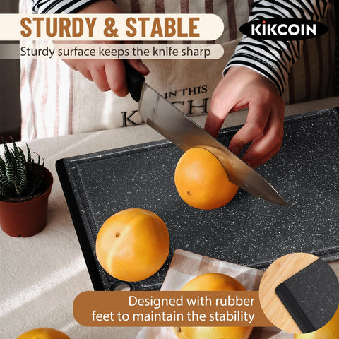 Kikcoin cutting board with rubber feet stays firmly on the counter.
