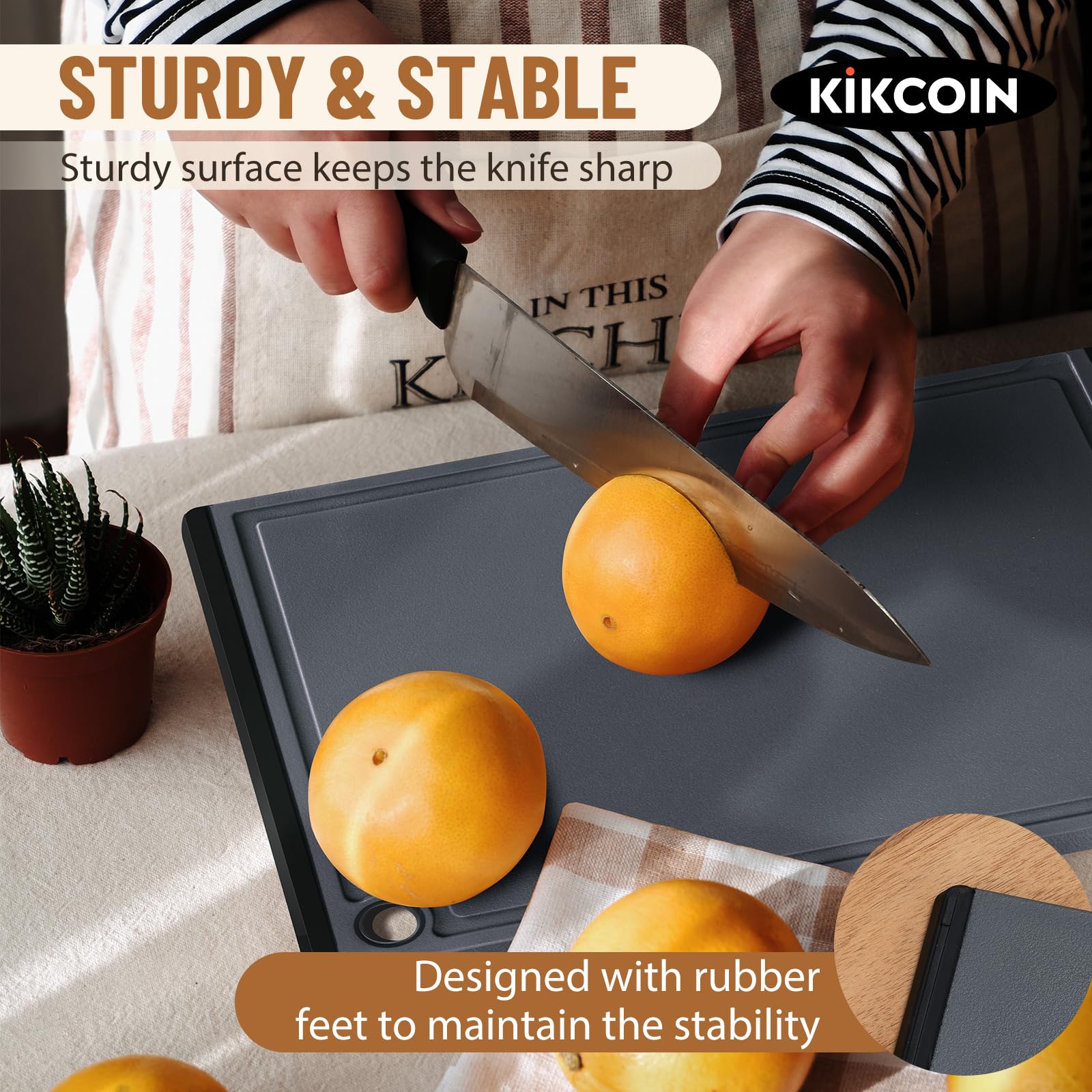 Kikcoin small size cutting board designed for fruit prep with juice groove.