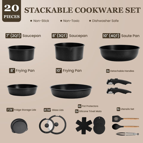 KIKCOIN detachable-handle cookware close-up for space-saving RV storage