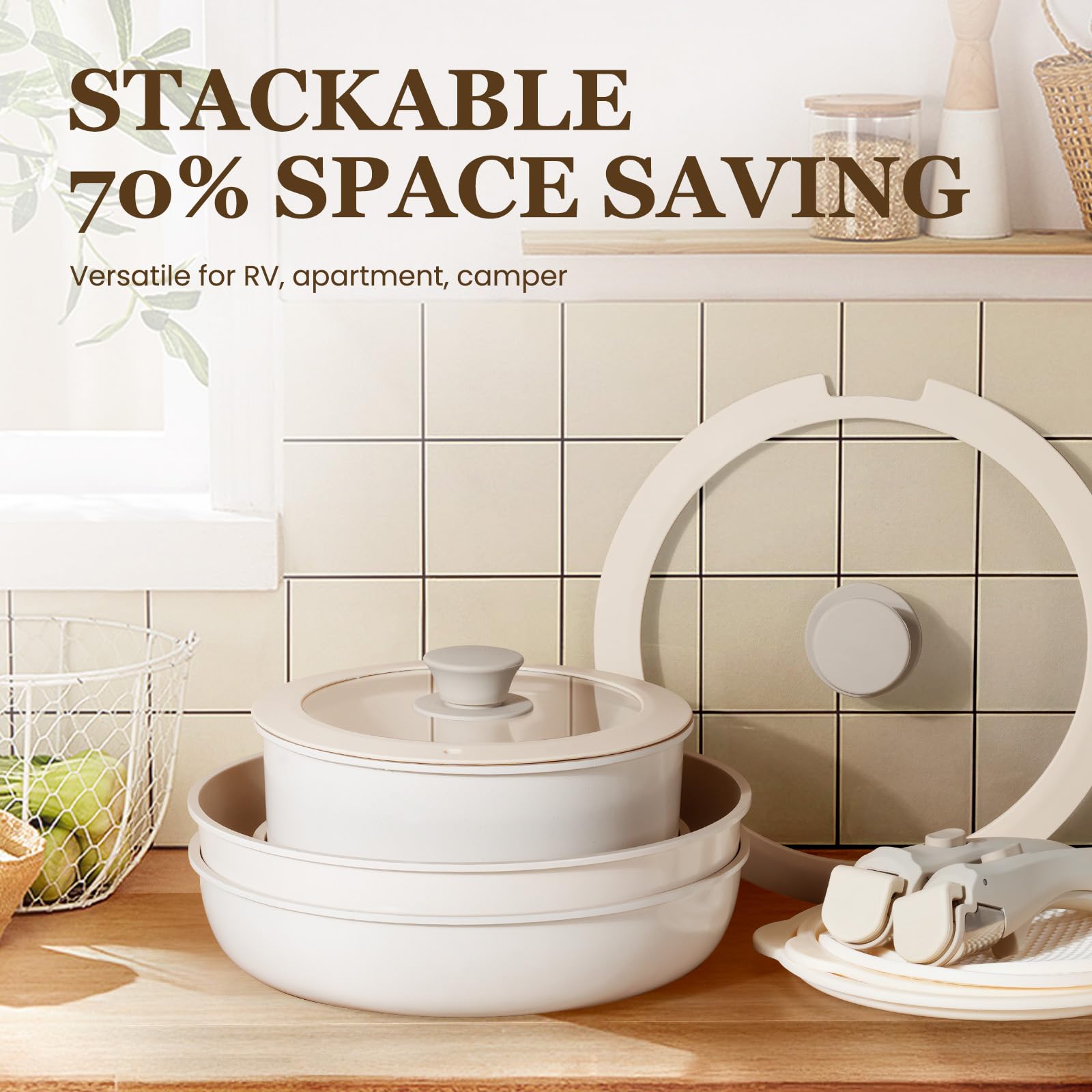 Kikcoin detachable handles on cookware set for storage and travel