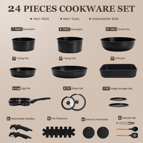 KIKCOIN detachable-handle system shown for compact storage and RV-friendly cooking.