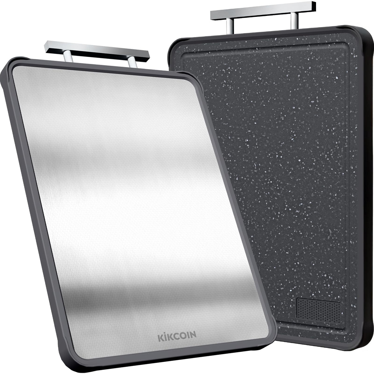 Kikcoin double-sided cutting board shows stainless steel surface for easy raw and cooked prep.