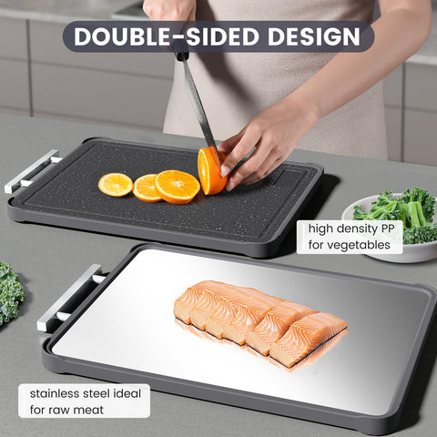 Kikcoin double-sided cutting board with wheat straw PP layer for durable kitchen use.