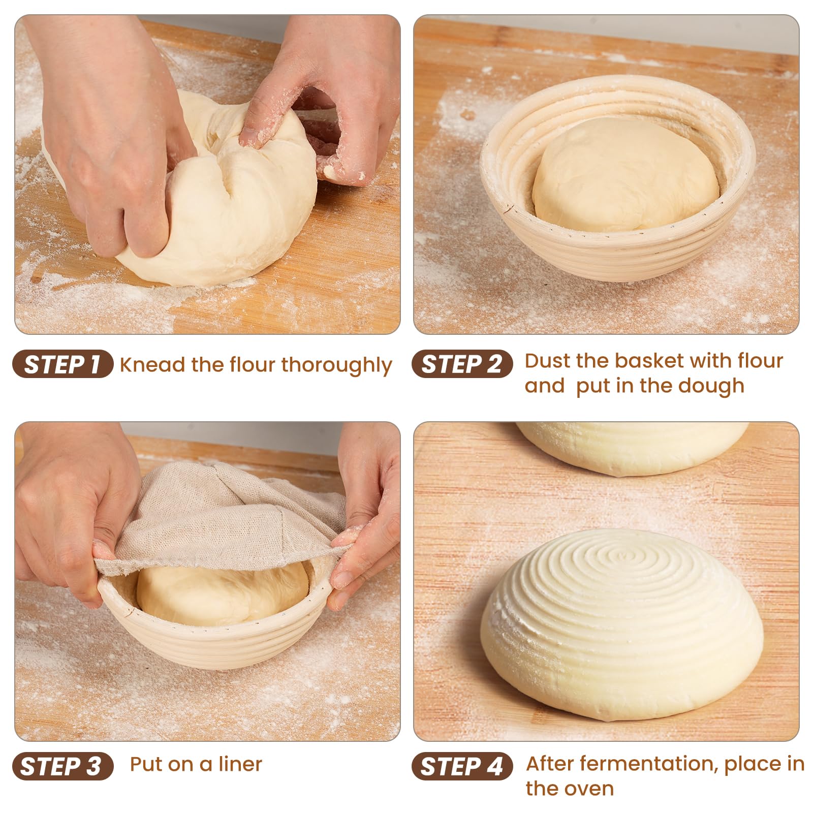 Kikcoin easy-clean baskets for quick flour removal after proofing.