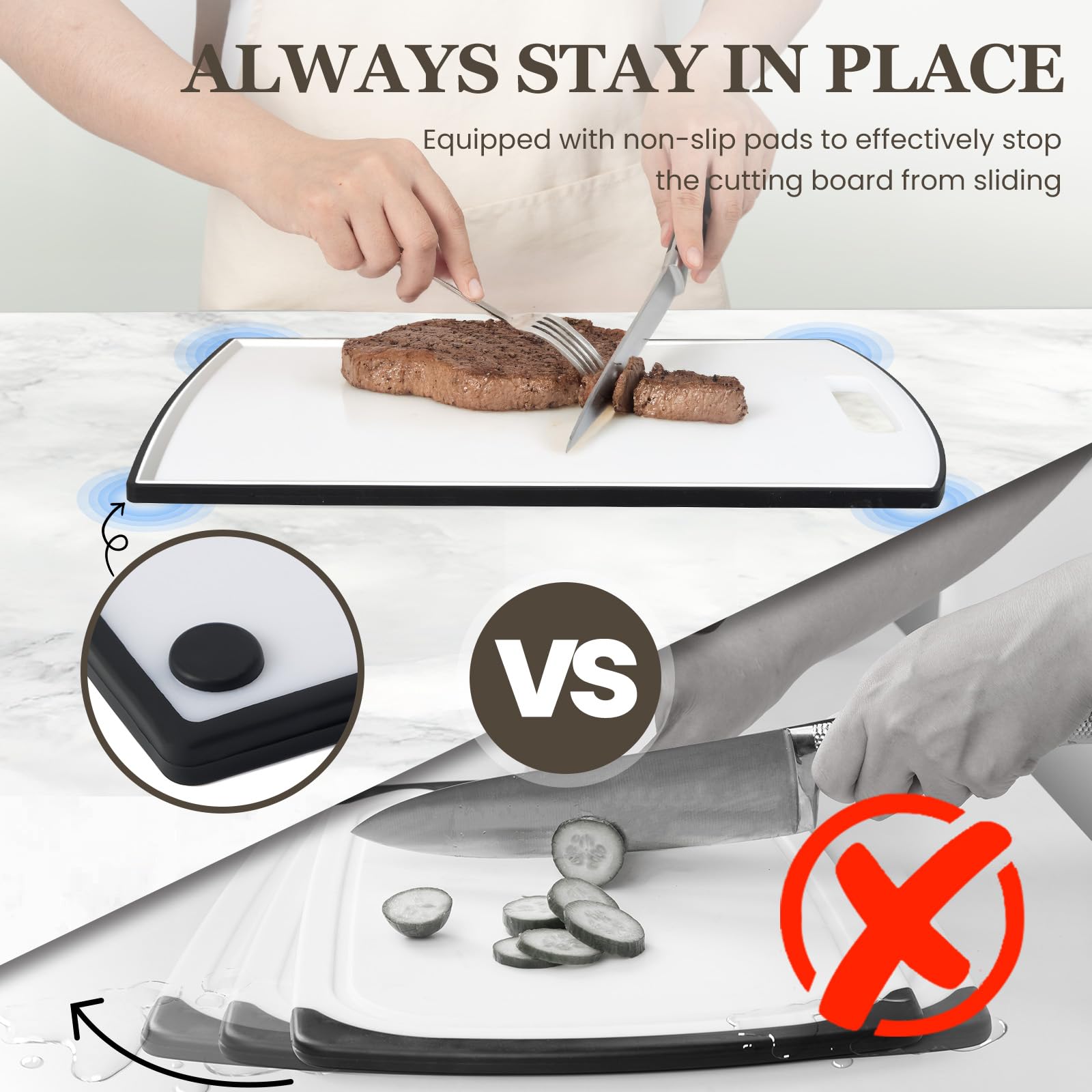 Kikcoin extra-large 16x11 cutting board with juice grooves keeping juices contained.