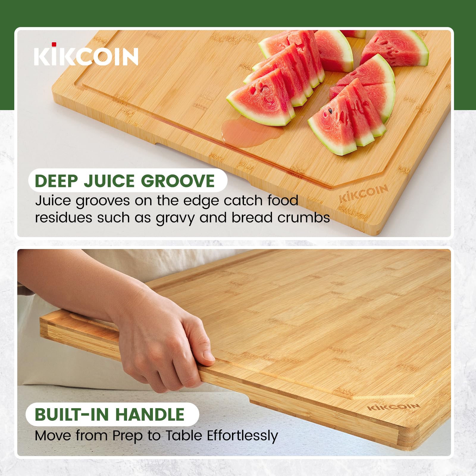 Kikcoin gift-ready bamboo cutting board ideal for holidays and gatherings.