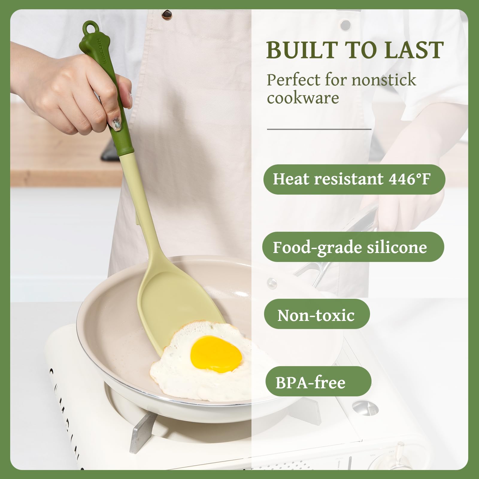 Kikcoin silicone tools withstand up to 446°F for versatile cooking sessions.