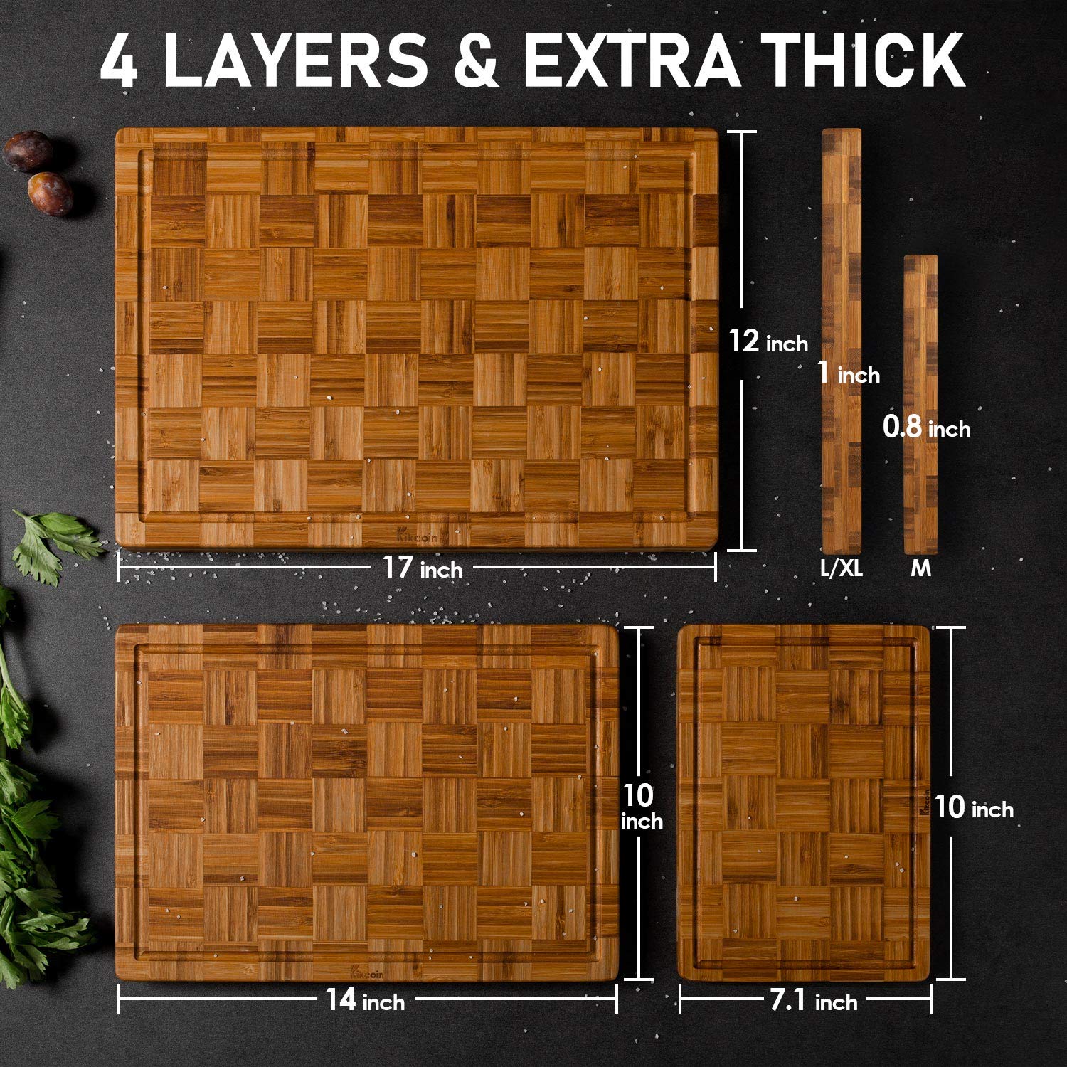Kikcoin L bamboo cutting board ideal for vegetables and quick chopping.