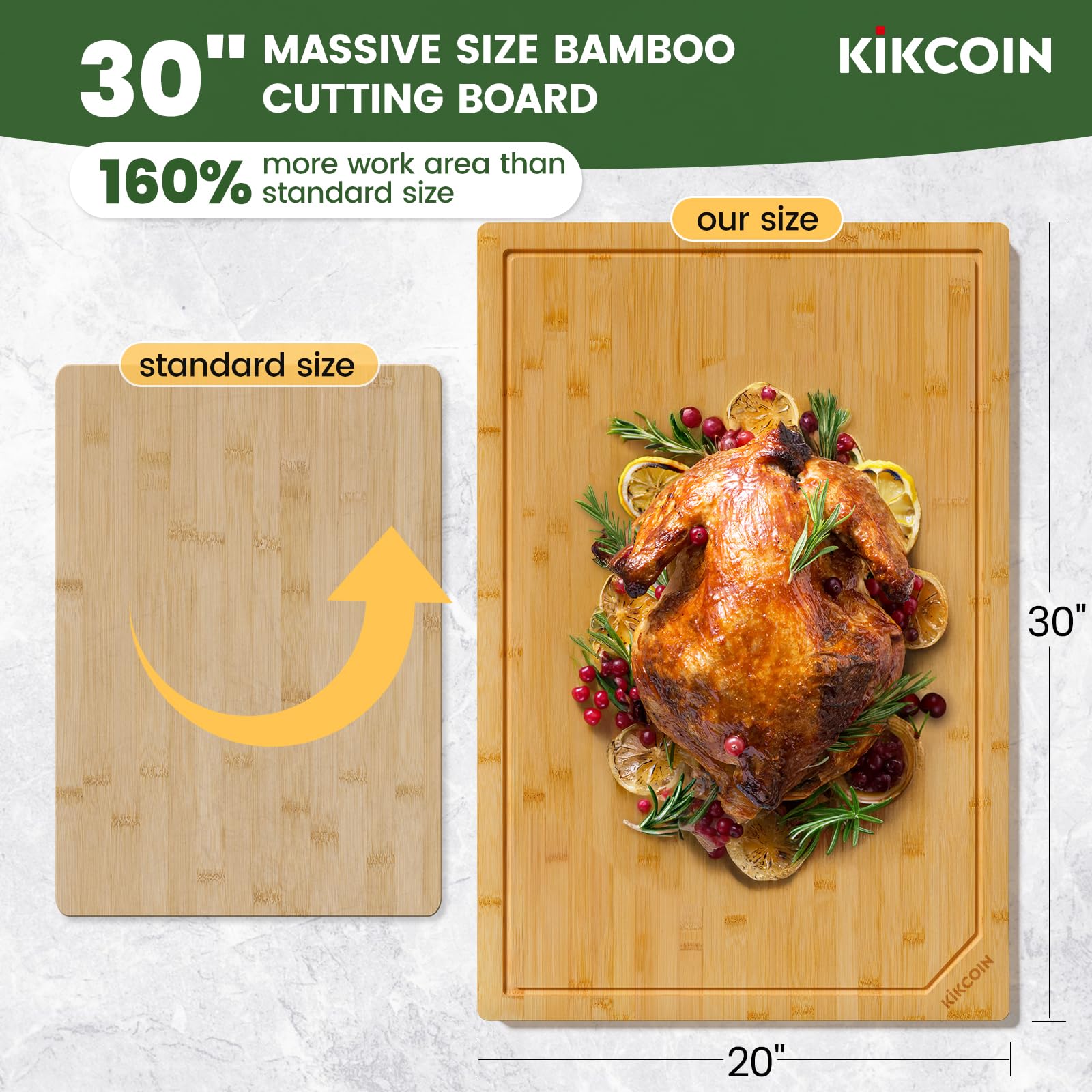 Kikcoin large 30x20 cutting board provides ample space for multi-ingredient prep.
