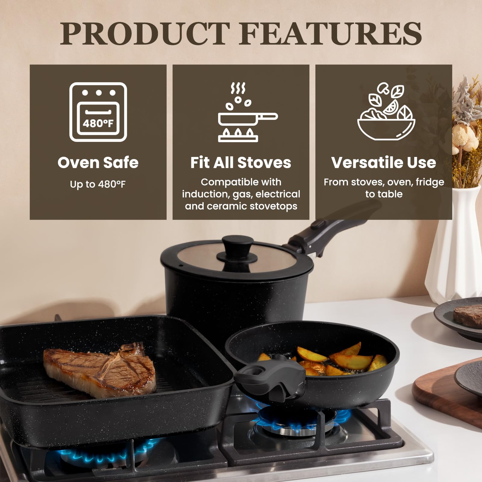 KIKCOIN nonstick coating promotes easy food release and low-oil cooking