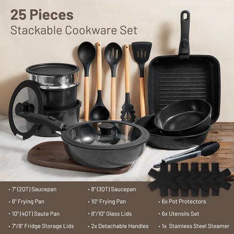 Kikcoin removable-handle pots enabling compact storage in small kitchens.