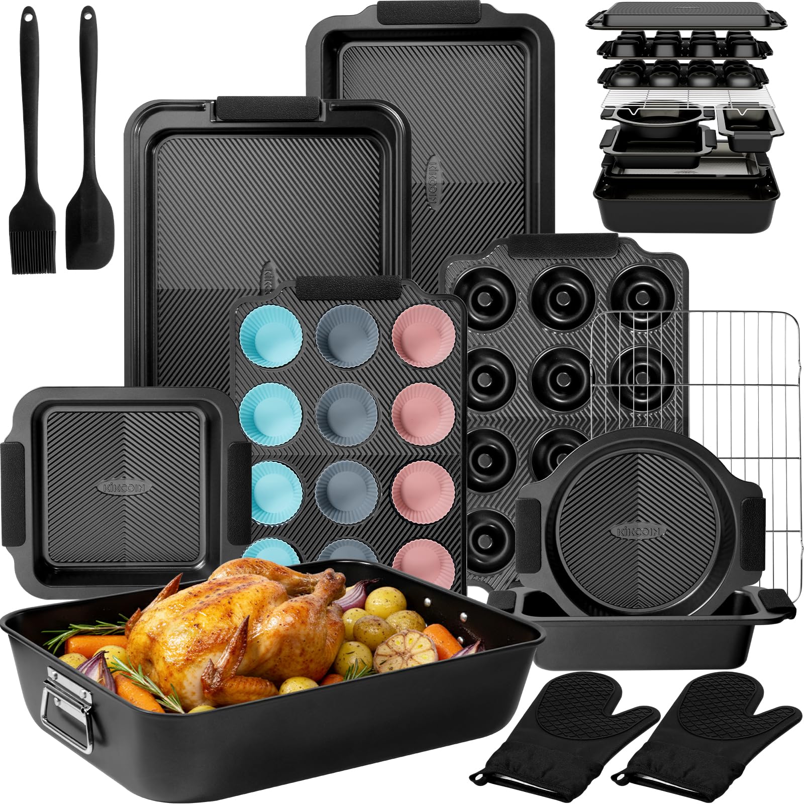 Kikcoin stackable baking pans set with compact nesting for organized storage.