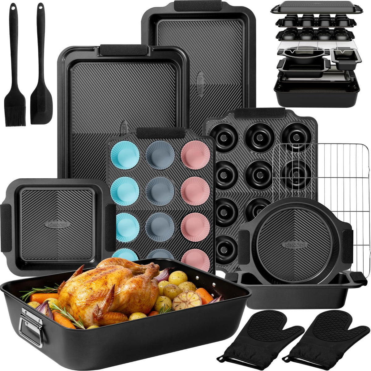 Kikcoin stackable baking pans set with compact nesting for organized storage.