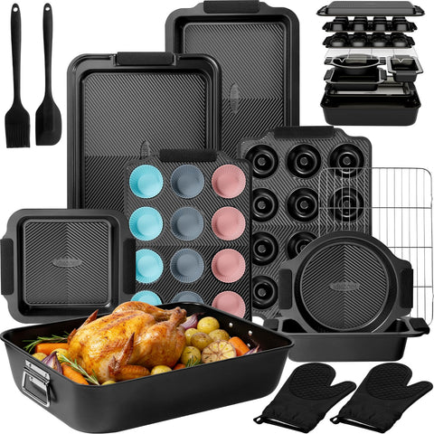 Kikcoin stackable baking pans set with compact nesting for organized storage.