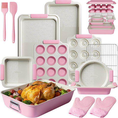 Kikcoin stackable baking pans demonstrating space-saving nesting in a tidy kitchen