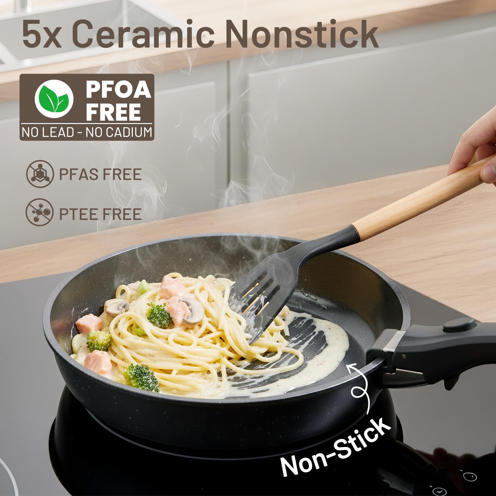 Kikcoin stackable pots with lids saving cabinet space and staying organized.