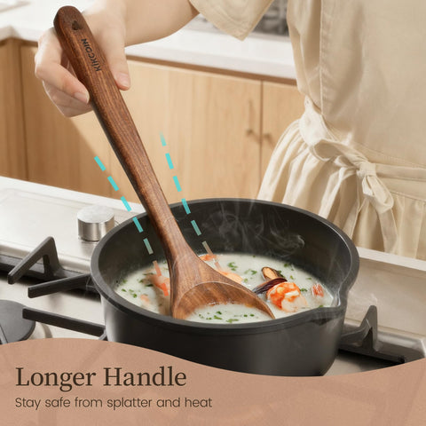 Kikcoin teak wood ladle and spaghetti spoon set for simmering soups easily.