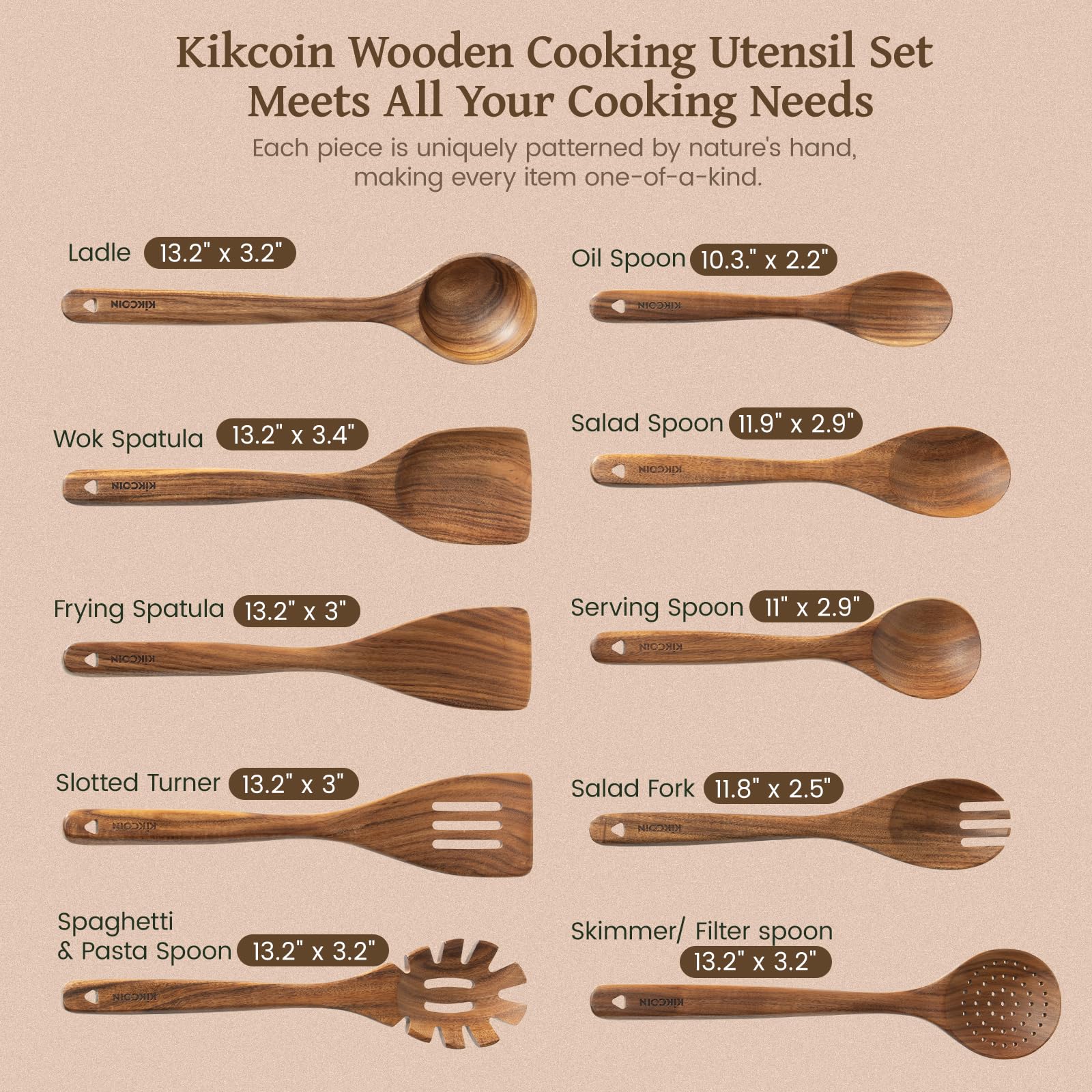 Kikcoin wooden utensil set offers versatile tools for everyday cooking.