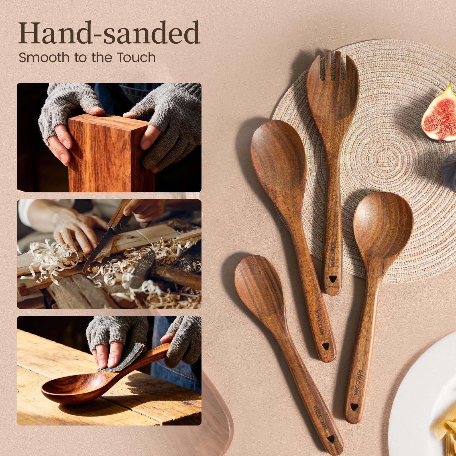 Kikcoin teak wooden spoon with hanging hole for convenient storage.