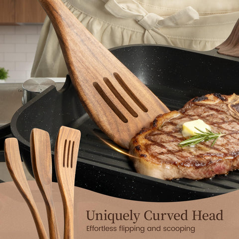 Kikcoin teak wood slotted turner protects nonstick surfaces during cooking.